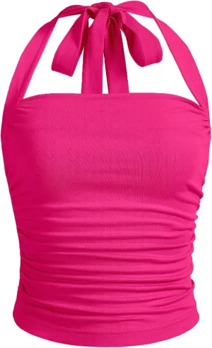 SOLY HUX Women's Ruched Halter Y2K Crop Tops Tie Back Sleeveless Slim Fit Cami Tops