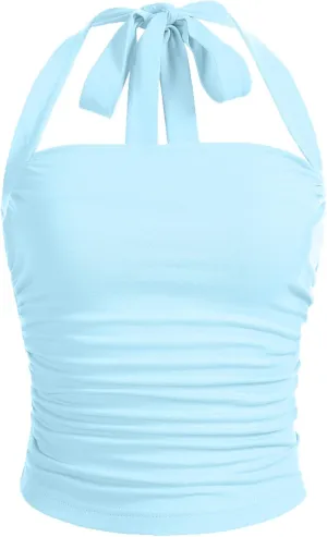 SOLY HUX Women's Ruched Halter Y2K Crop Tops Tie Back Sleeveless Slim Fit Cami Tops