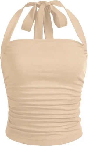 SOLY HUX Women's Ruched Halter Y2K Crop Tops Tie Back Sleeveless Slim Fit Cami Tops