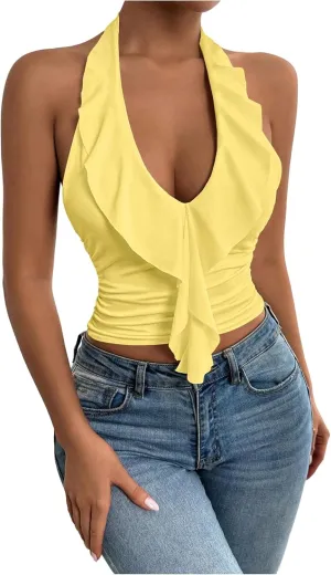 SOLY HUX Women's Ruffle Trim Halter Tops Ruched V Neck Sleeveless Going Out Crop Tops