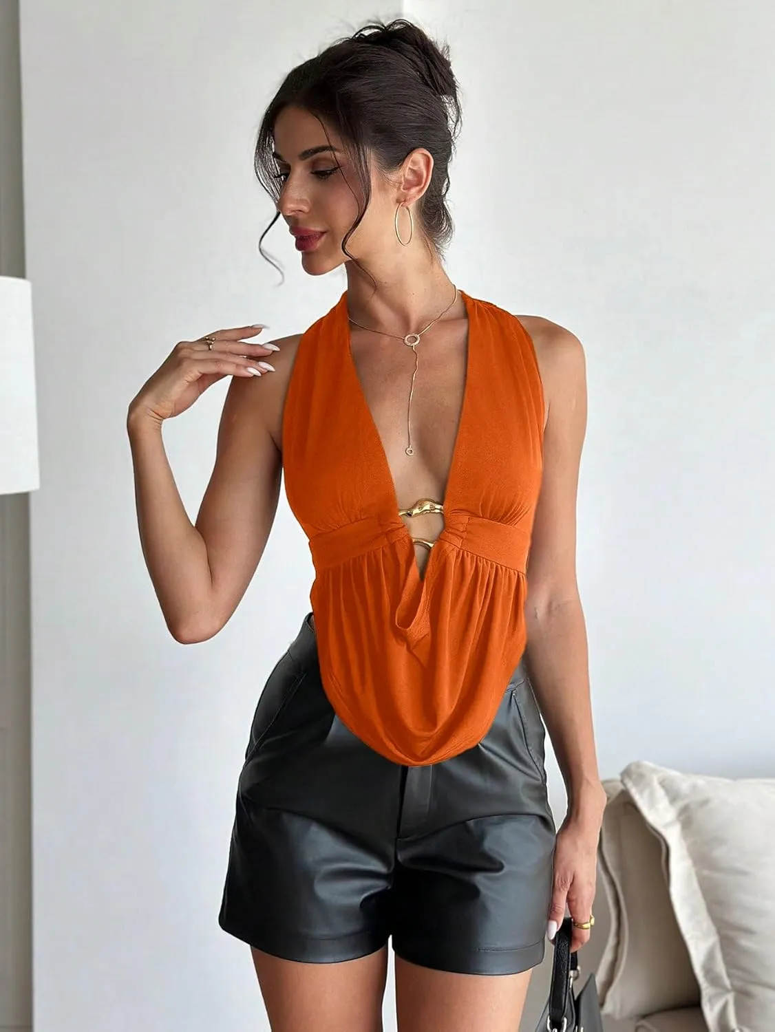 SOLY HUX Women's Sexy Halter Going Out Top Open Back Deep V Neck Sleeveless Vest Tank Tops Party Clubwear