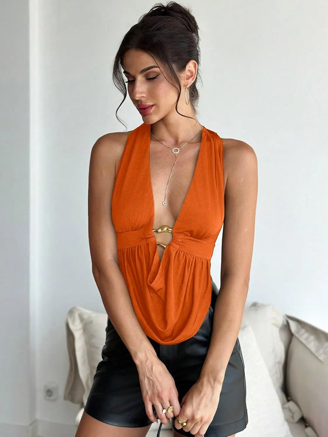 SOLY HUX Women's Sexy Halter Going Out Top Open Back Deep V Neck Sleeveless Vest Tank Tops Party Clubwear