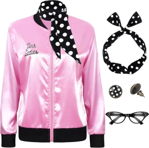 SOMSOC 5 Pieces 1950s Women Pink Satin Jacket with Polka Dot Scarf Headband Earrings Eye Glasses Halloween Party Costume Set