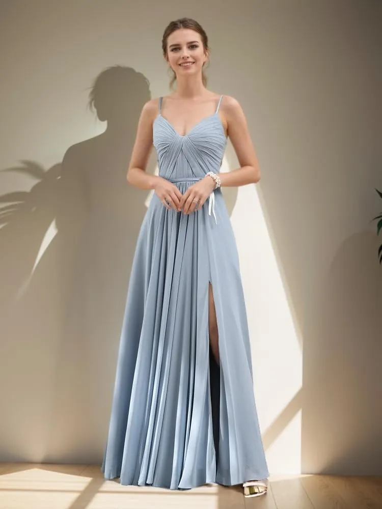 Spaghetti Strap Chiffon Bridesmaid Dress with Slit V Neck Long Corset Formal Evening Party Dress with Pockets