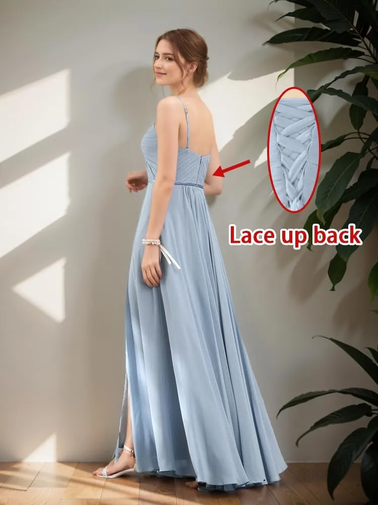 Spaghetti Strap Chiffon Bridesmaid Dress with Slit V Neck Long Corset Formal Evening Party Dress with Pockets