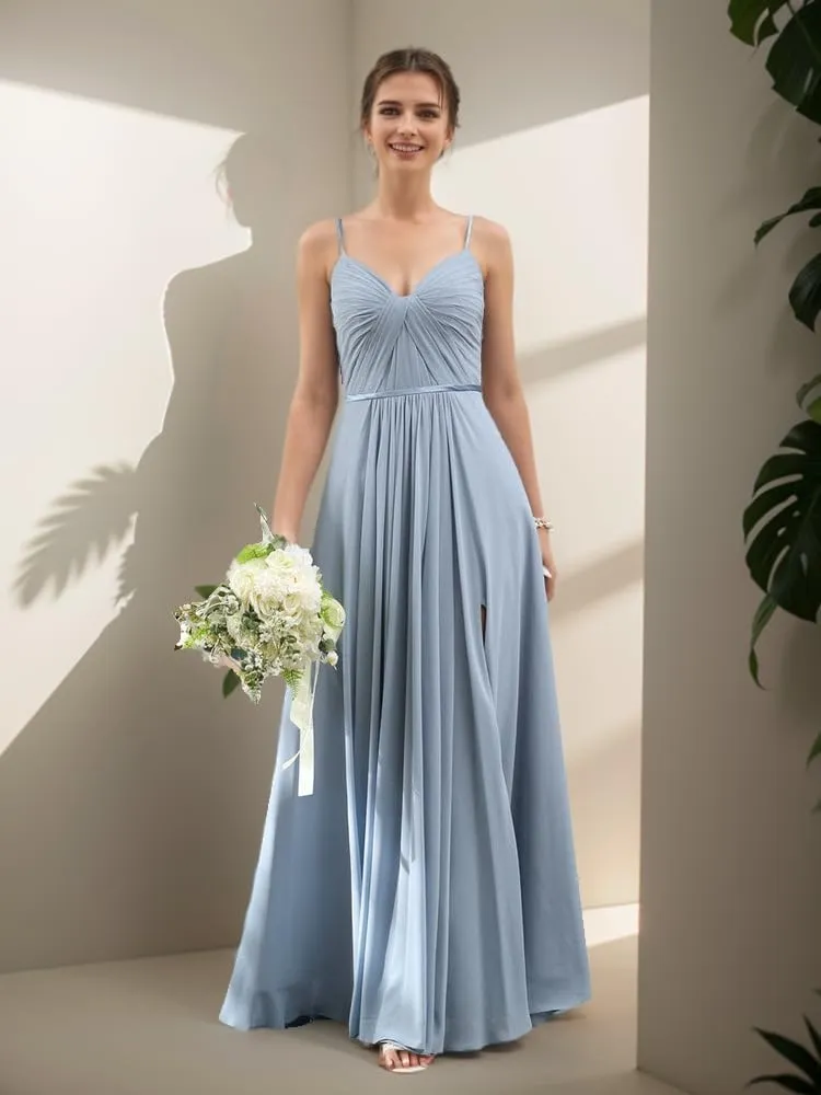 Spaghetti Strap Chiffon Bridesmaid Dress with Slit V Neck Long Corset Formal Evening Party Dress with Pockets