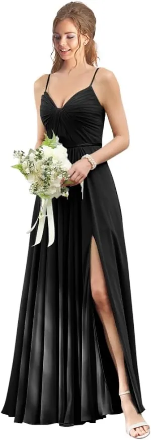 Spaghetti Strap Chiffon Bridesmaid Dress with Slit V Neck Long Corset Formal Evening Party Dress with Pockets