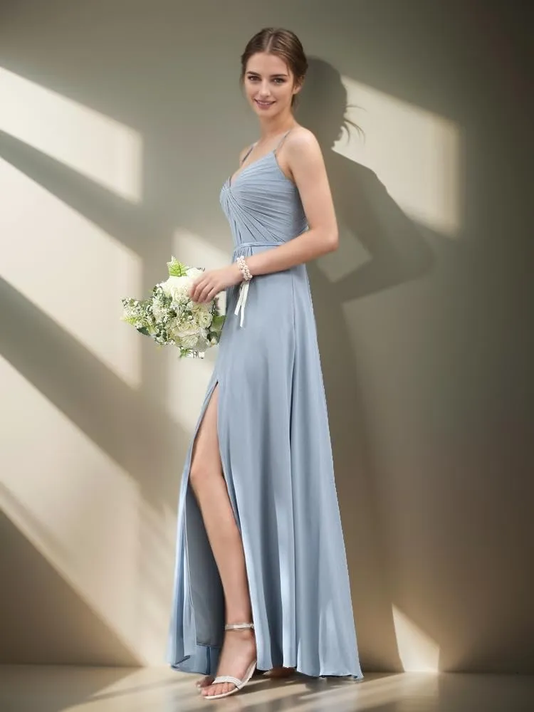 Spaghetti Strap Chiffon Bridesmaid Dress with Slit V Neck Long Corset Formal Evening Party Dress with Pockets