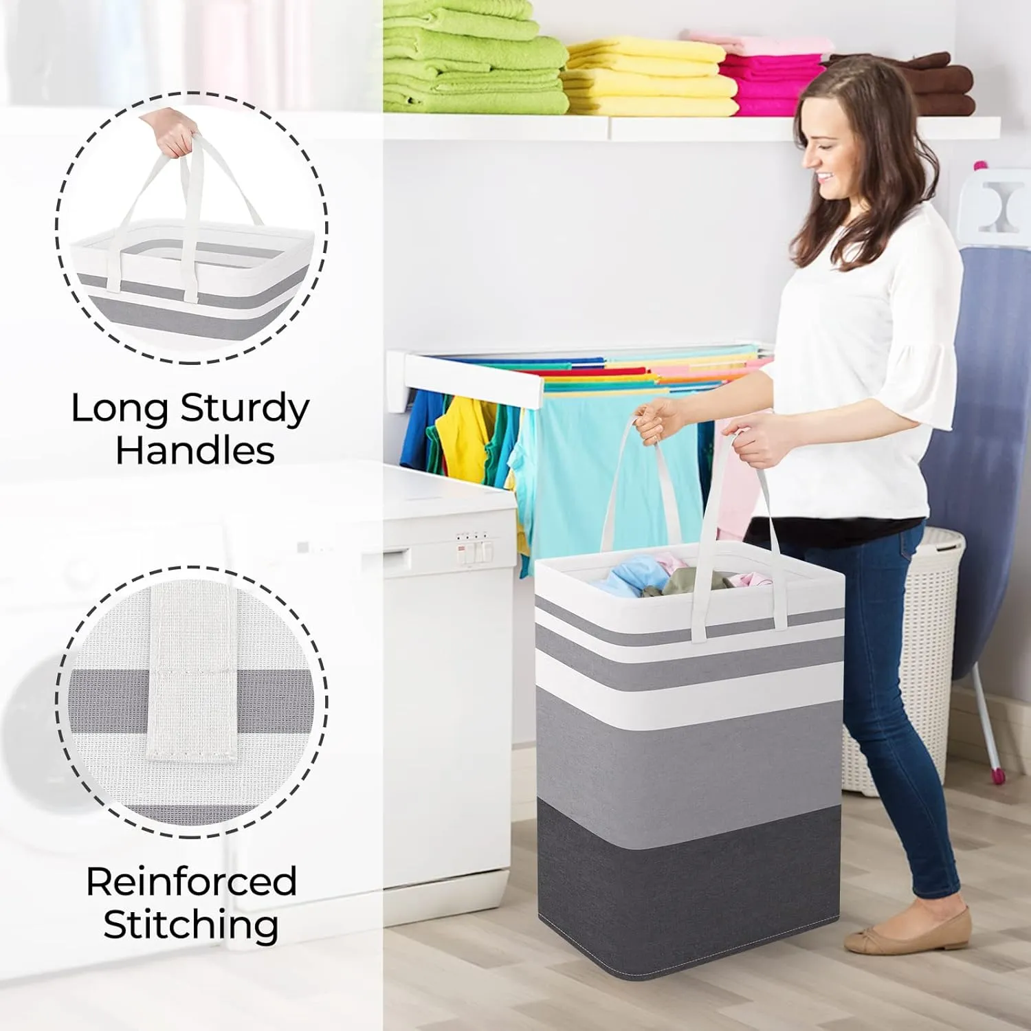 StorageRight Large Collapsible Laundry Basket Hamper with Easy Carry HandlesFreestanding Clothes Hampers for Laundry, Bedroom, Dorm, Towels, Toys, 75L, Gradient Grey