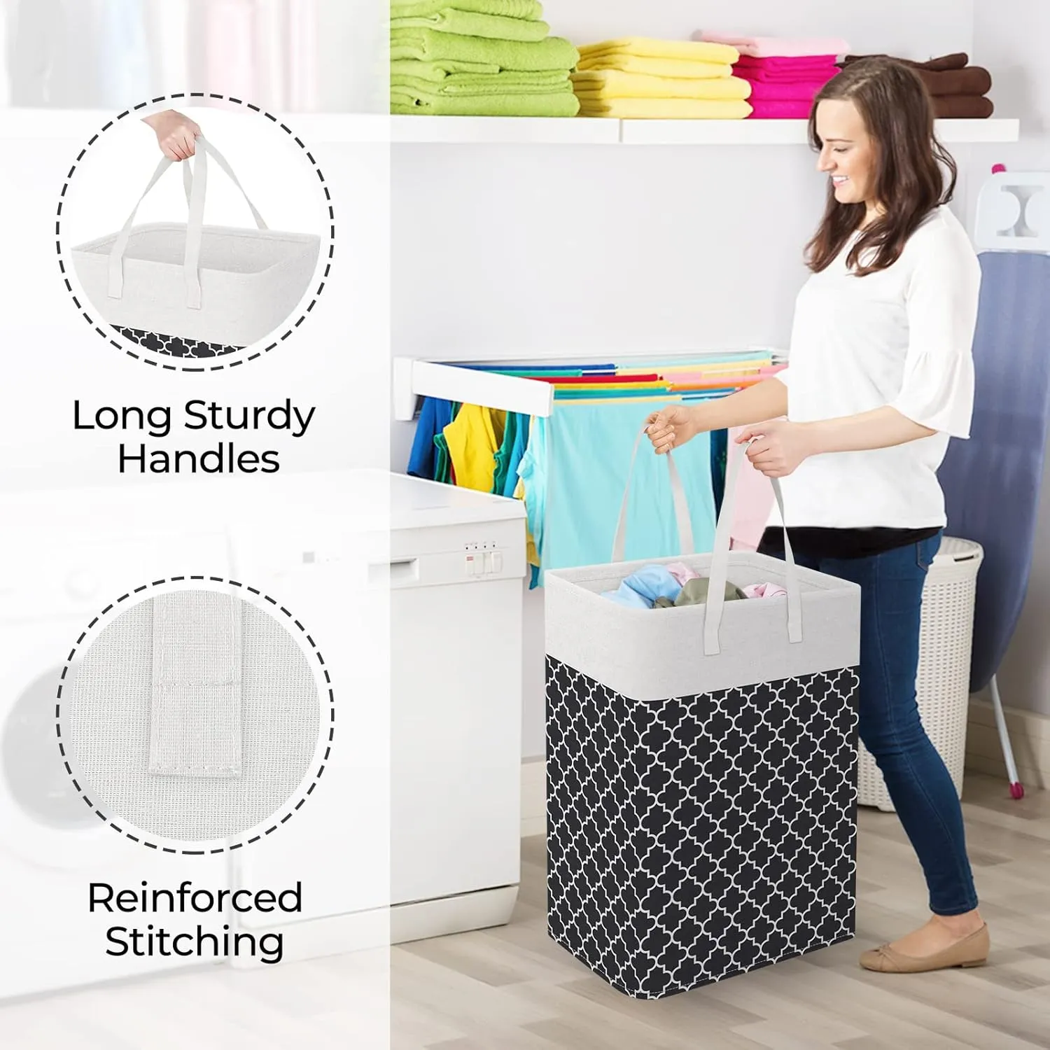 StorageRight Laundry Basket Hamper Large Collapsible Laundry Hamper with Easy Carry HandlesFreestanding Clothes Hampers for Laundry, Bedroom, Dorm, Clothes, Towels, 75L, Clover Black