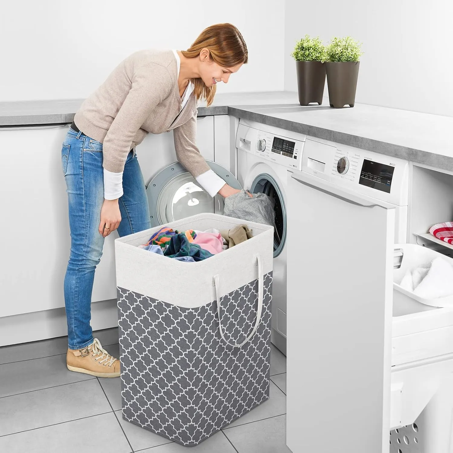 StorageRight Laundry Basket Hamper Large Collapsible Laundry Hamper with Easy Carry HandlesFreestanding Clothes Hampers for Laundry, Bedroom, Dorm, Clothes, Towels, 75L, Clover Grey