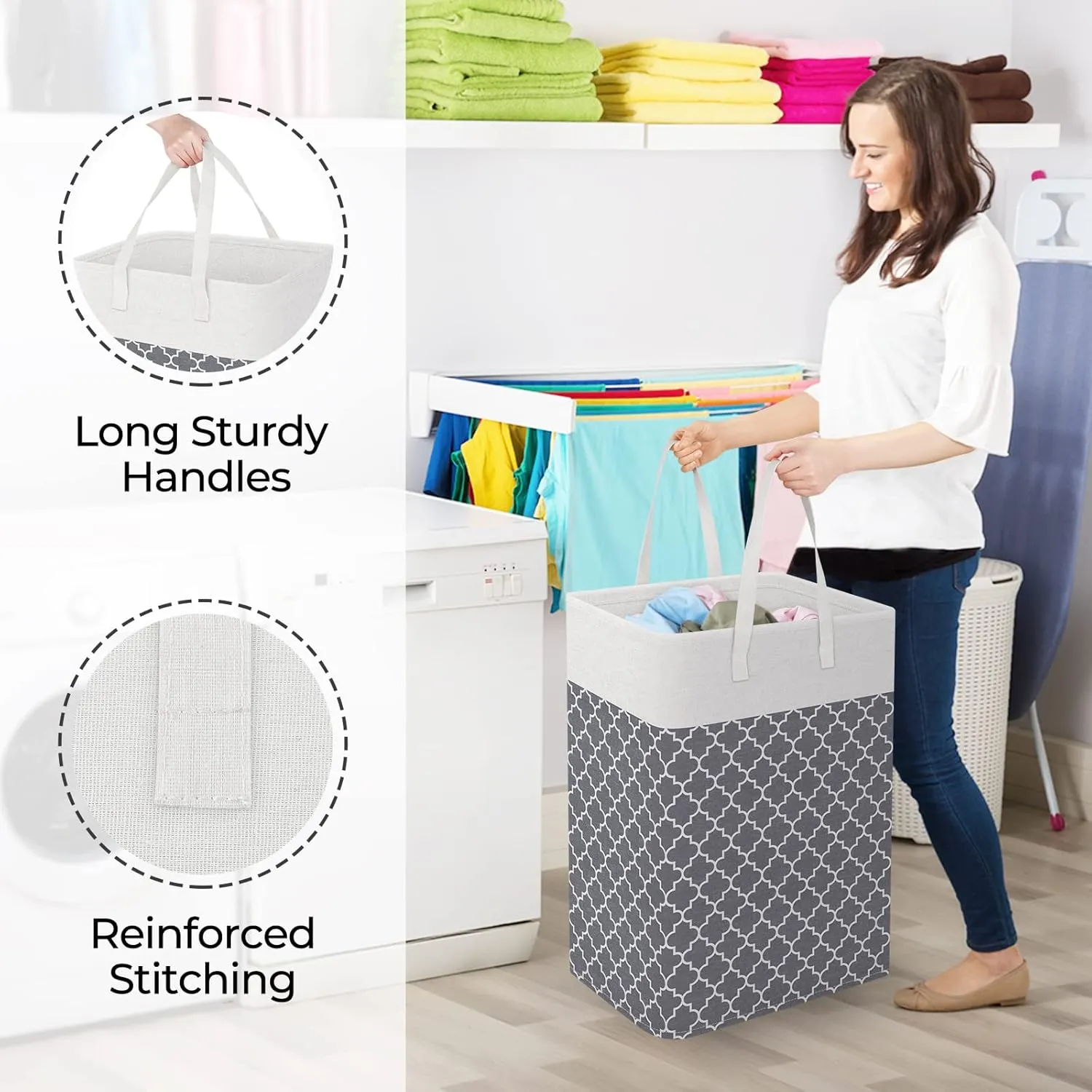 StorageRight Laundry Basket Hamper Large Collapsible Laundry Hamper with Easy Carry HandlesFreestanding Clothes Hampers for Laundry, Bedroom, Dorm, Clothes, Towels, 75L, Clover Grey