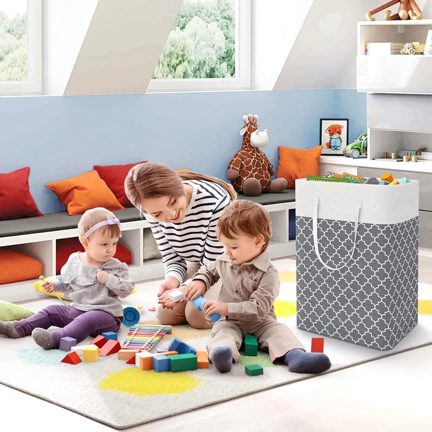 StorageRight Laundry Basket Hamper Large Collapsible Laundry Hamper with Easy Carry HandlesFreestanding Clothes Hampers for Laundry, Bedroom, Dorm, Clothes, Towels, 75L, Clover Grey