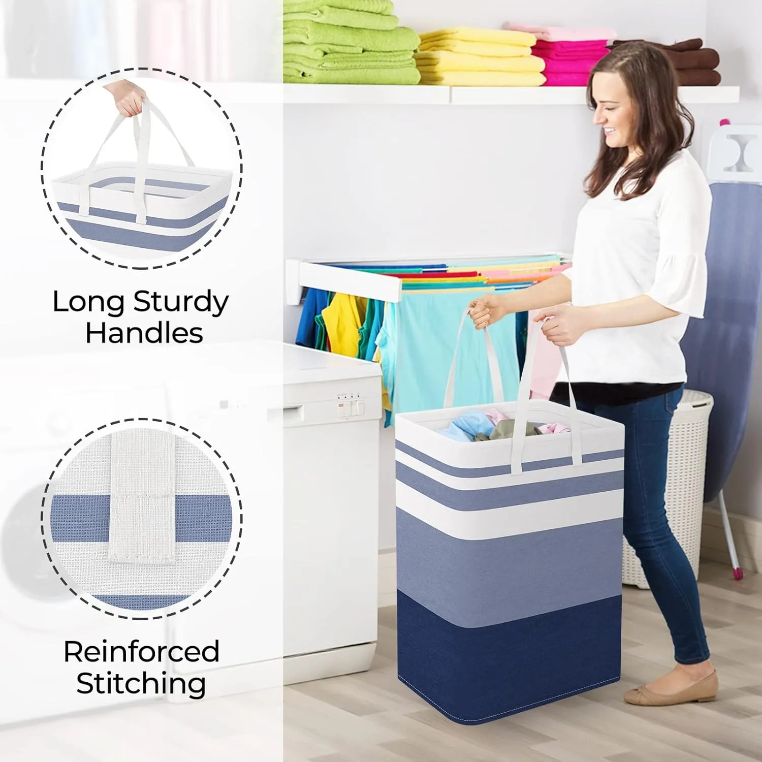 StorageRight Laundry Basket Hamper Large Collapsible Laundry Hamper with Easy Carry HandlesFreestanding Clothes Hampers for Laundry, Bedroom, Dorm, Clothes, Towels, 75L, Gradient Blue