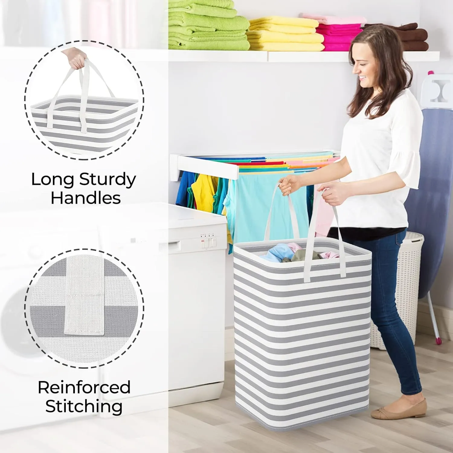 StorageRight Laundry Basket Hamper Large Collapsible Laundry Hamper with Easy Carry HandlesFreestanding Clothes Hampers for Laundry, Bedroom, Dorm, Clothes, Towels, 75L, Grey