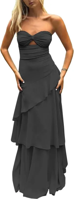 Strapless Prom Dresses Sweetheart Cutout Tiered Chiffon Long Formal Evening Gowns