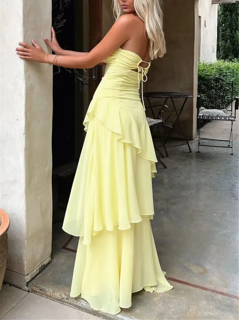Strapless Prom Dresses Sweetheart Cutout Tiered Chiffon Long Formal Evening Gowns