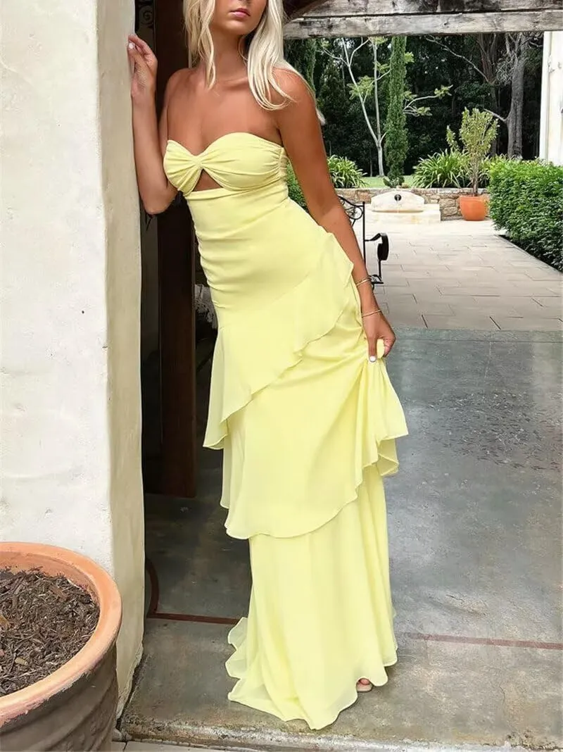 Strapless Prom Dresses Sweetheart Cutout Tiered Chiffon Long Formal Evening Gowns