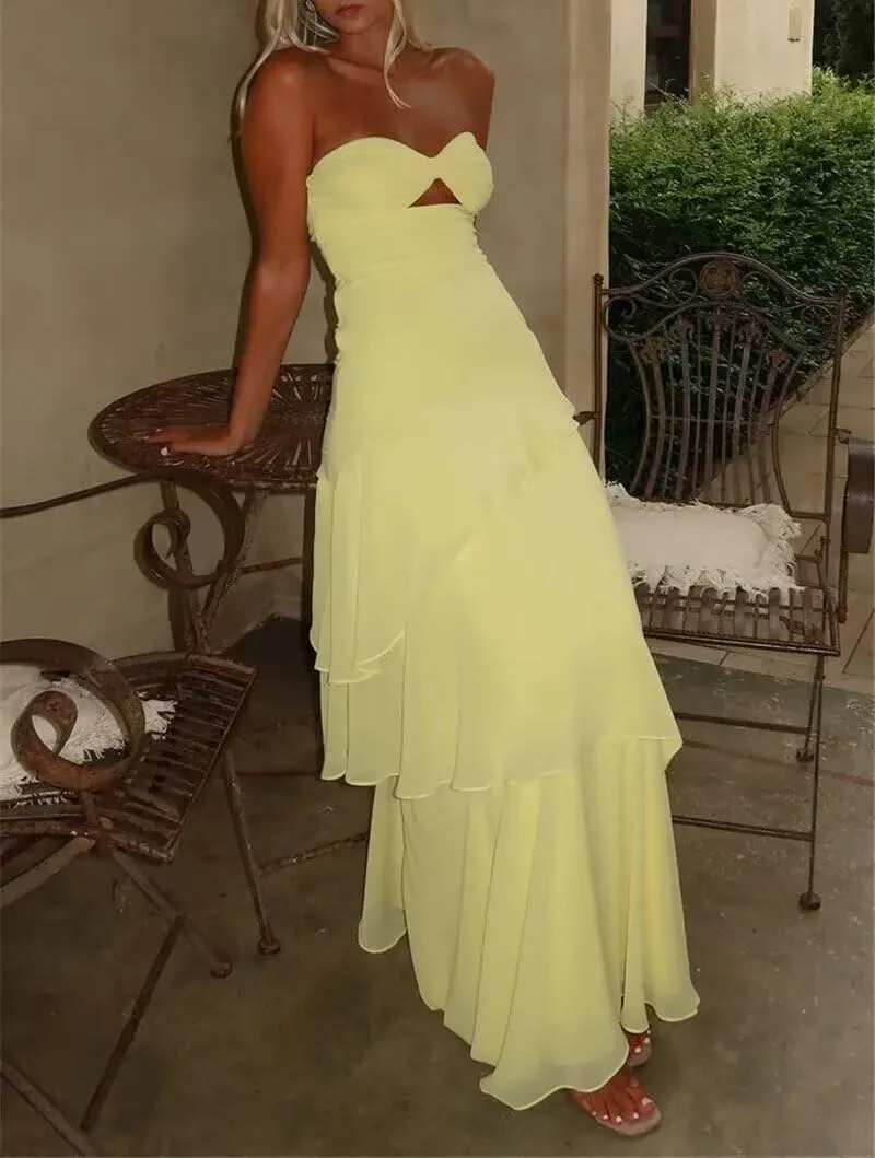 Strapless Prom Dresses Sweetheart Cutout Tiered Chiffon Long Formal Evening Gowns