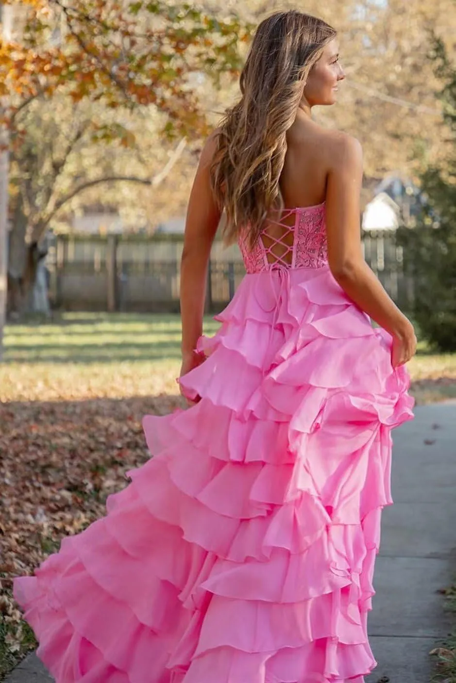 Strapless Ruffle Corset Prom Dress 2025 Long Tiered Formal Gowns Lace Chiffon Evening Dress with Slit