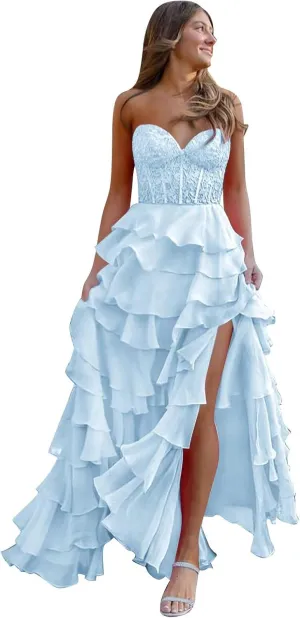 Strapless Ruffle Corset Prom Dress 2025 Long Tiered Formal Gowns Lace Chiffon Evening Dress with Slit