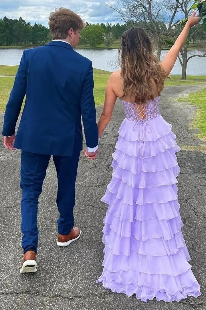 Strapless Ruffle Corset Prom Dress 2025 Long Tiered Formal Gowns Lace Chiffon Evening Dress with Slit