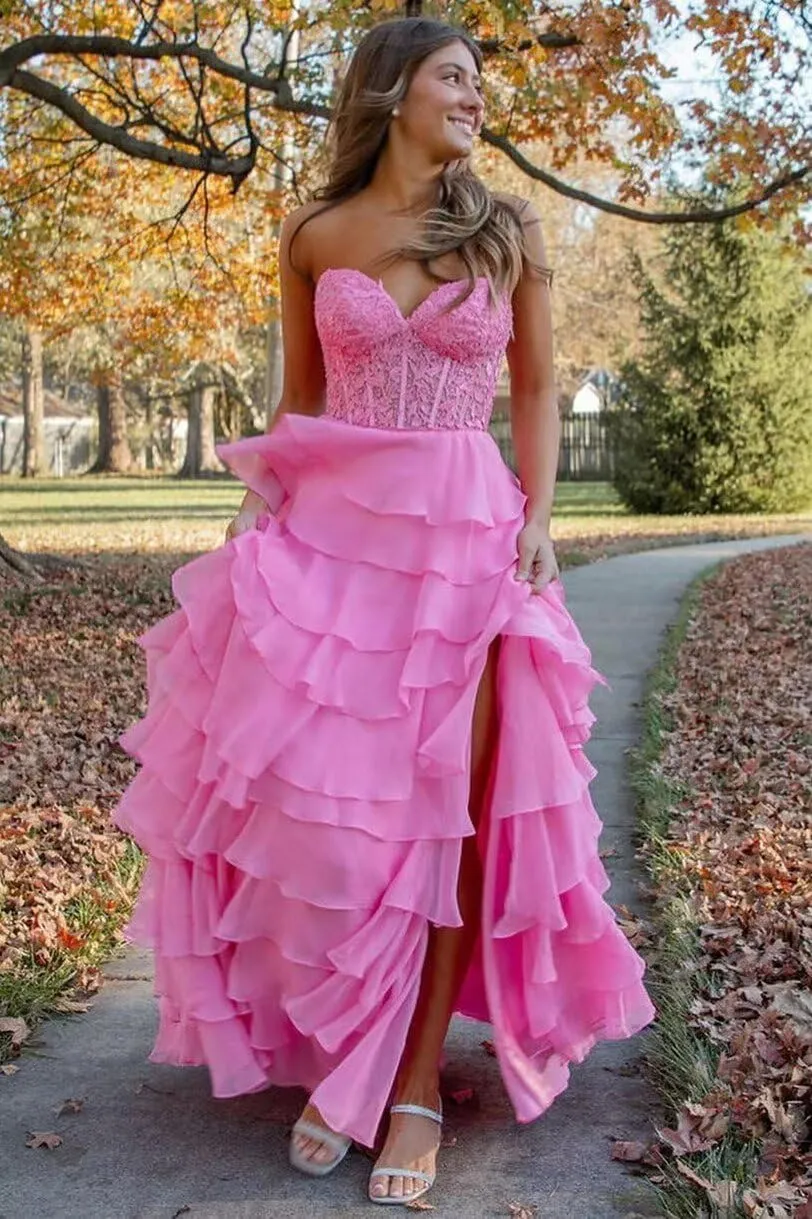 Strapless Ruffle Corset Prom Dress 2025 Long Tiered Formal Gowns Lace Chiffon Evening Dress with Slit