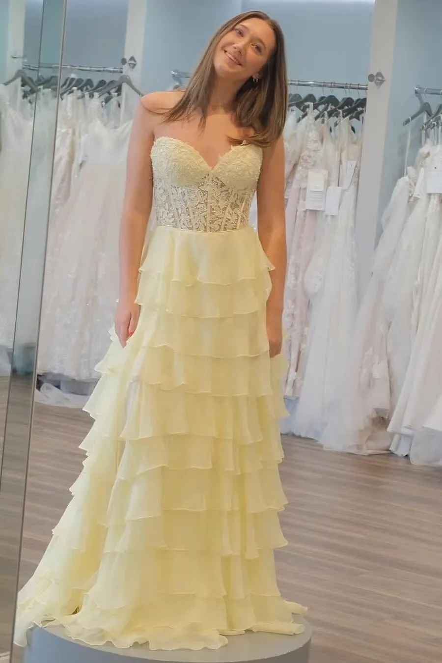 Strapless Ruffle Corset Prom Dress 2025 Long Tiered Formal Gowns Lace Chiffon Evening Dress with Slit