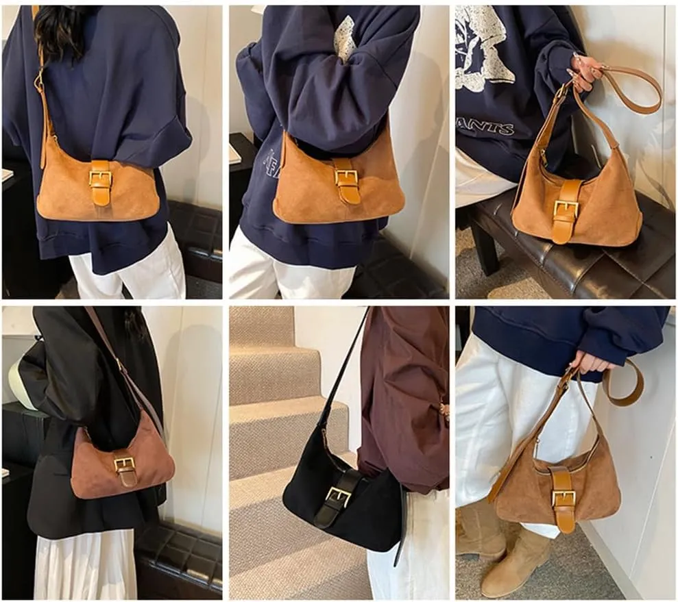Suede Shoulder bag for Women Vintage Fashion Casual Hobo Bag Women's Small Totes bag Faux Work Handbag Saddle Bag