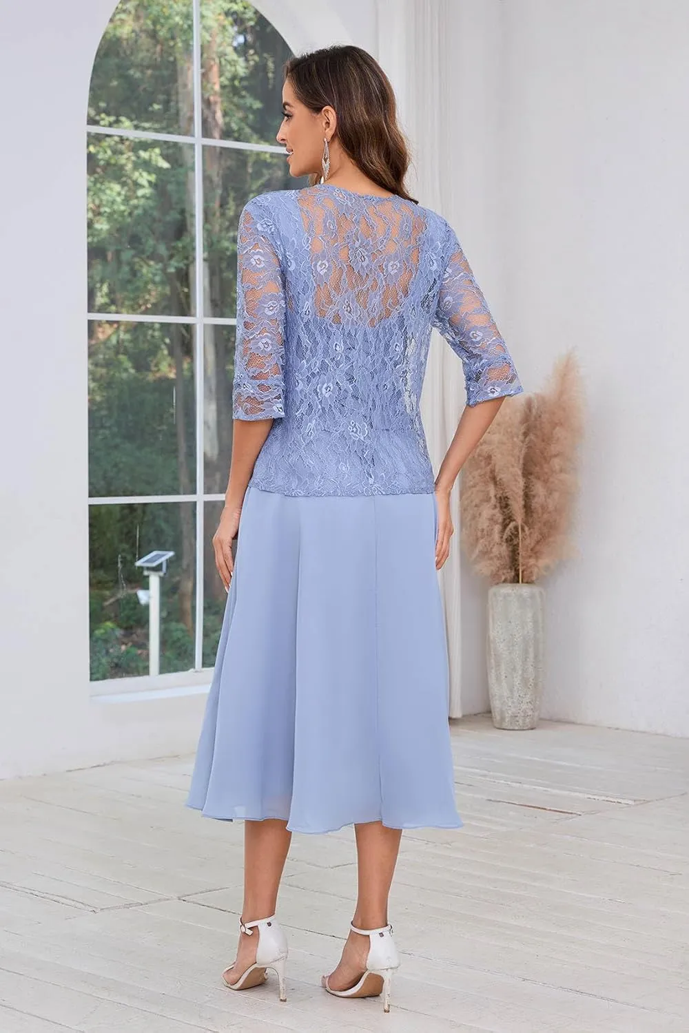 Sukleet Women's 2 Piece Mother of The Bride Dresses for Wedding Tea Length Lace Formal Dresses with Jacket
