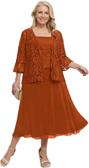 Sukleet Women's 2 Piece Mother of The Bride Dresses for Wedding Tea Length Lace Formal Dresses with Jacket