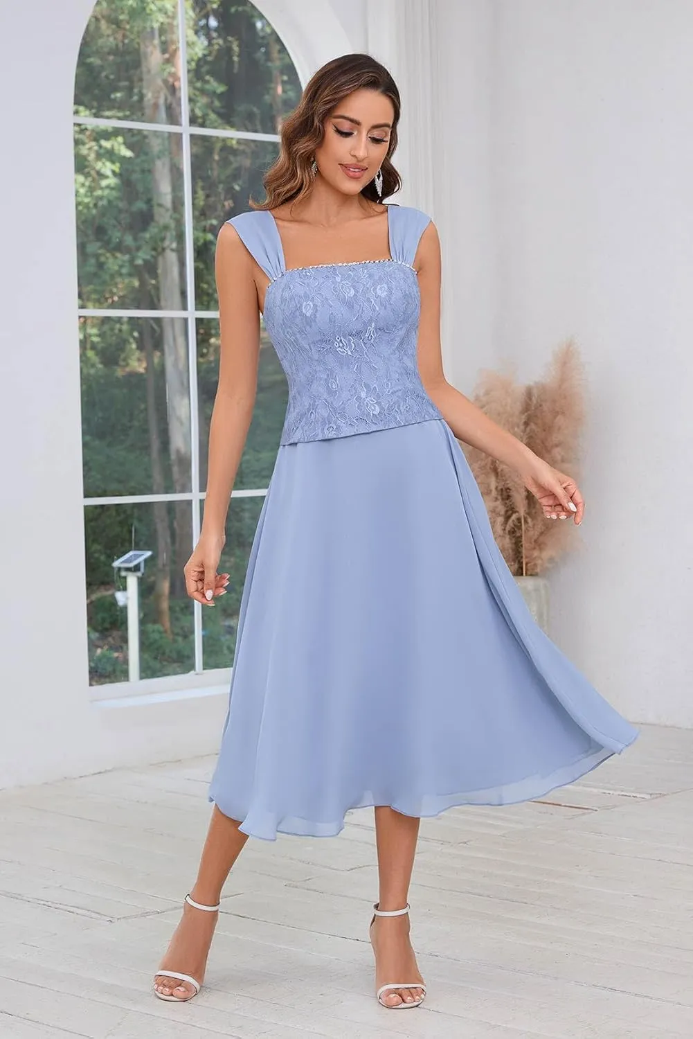 Sukleet Women's 2 Piece Mother of The Bride Dresses for Wedding Tea Length Lace Formal Dresses with Jacket