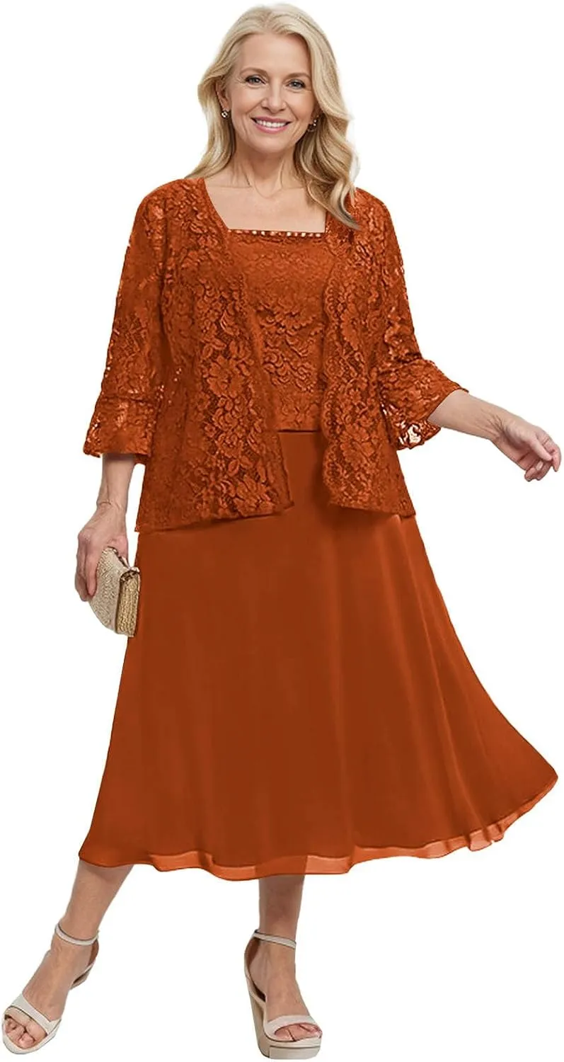 Sukleet Women's 2 Piece Mother of The Bride Dresses for Wedding Tea Length Lace Formal Dresses with Jacket