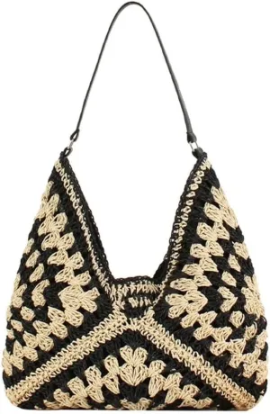 Summer Beach Straw Hand-woven Hobo & Shoulder Rattan Totes for Women Top Handle Handbags and Clutch Purses