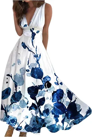 Summer Dresses for Women 2024 Floral Cold Shoulder Sleeve V Neck Holiday Dress Waist Retraction Ruffle Hem Gown Dresses