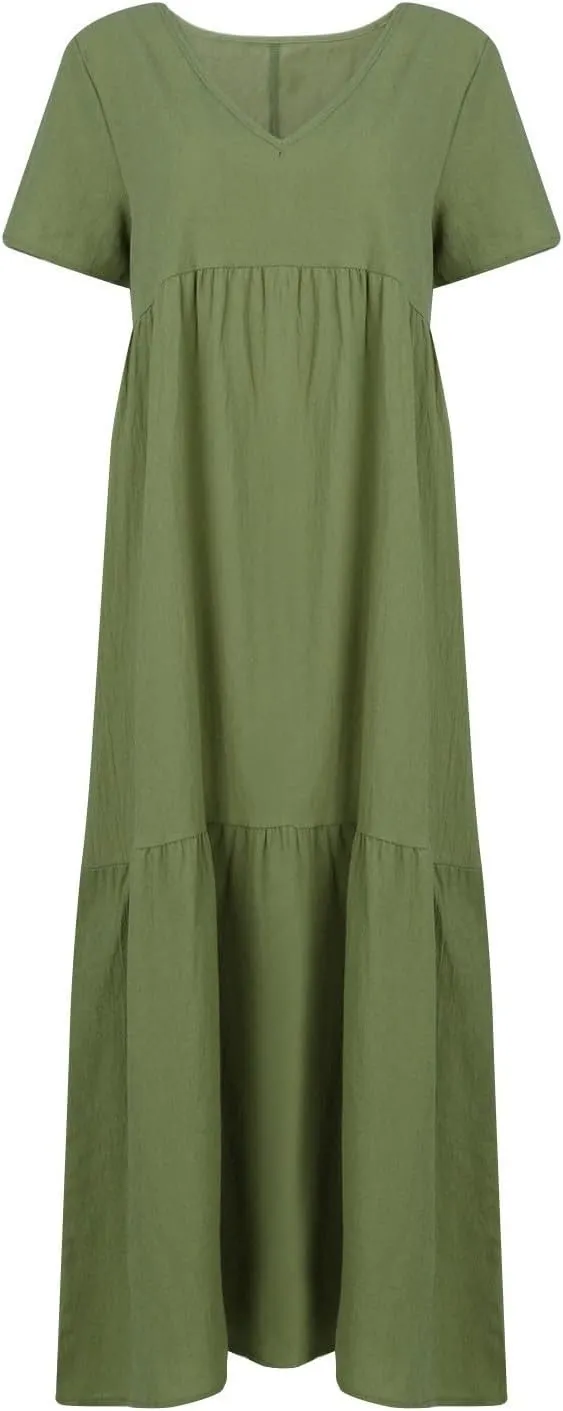 Summer Dresses for Women 2025 Plus Size Cotton Linen Maxi Dress Casual Short Sleeve Baggy Flowy Sundress with Pockets