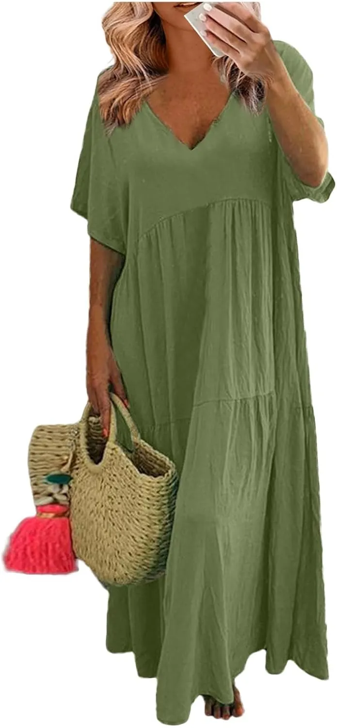 Summer Dresses for Women 2025 Plus Size Cotton Linen Maxi Dress Casual Short Sleeve Baggy Flowy Sundress with Pockets