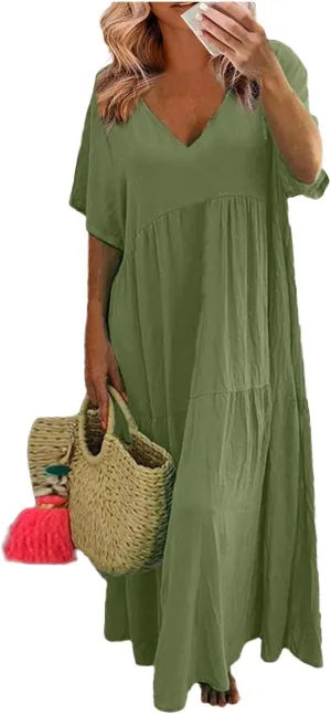 Summer Dresses for Women 2025 Plus Size Cotton Linen Maxi Dress Casual Short Sleeve Baggy Flowy Sundress with Pockets