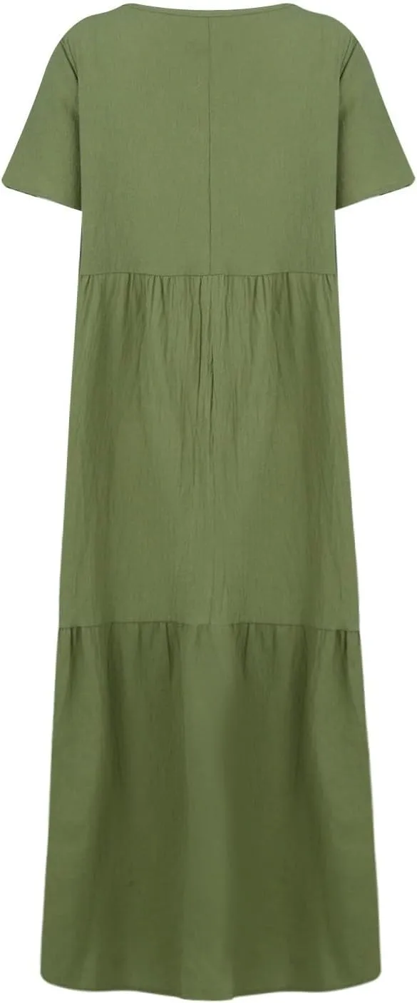 Summer Dresses for Women 2025 Plus Size Cotton Linen Maxi Dress Casual Short Sleeve Baggy Flowy Sundress with Pockets