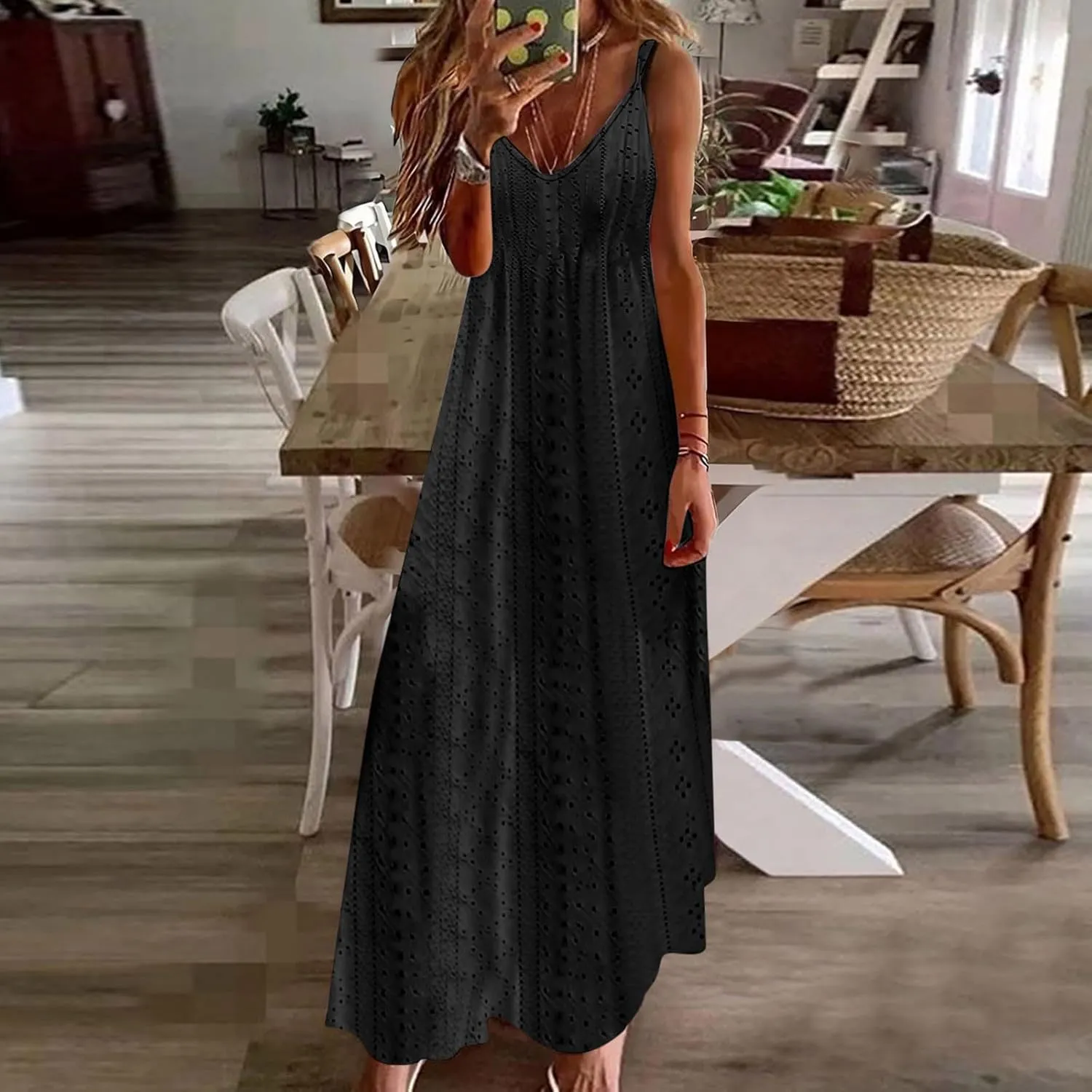 Summer Dresses for Women 2025 Trendy V Neck Eyelet Sleeveless Maxi Dress Spring Boho Beach Vacation Clothes