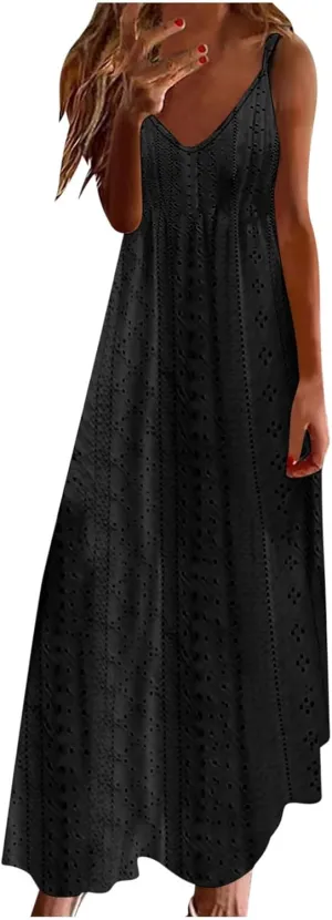 Summer Dresses for Women 2025 Trendy V Neck Eyelet Sleeveless Maxi Dress Spring Boho Beach Vacation Clothes