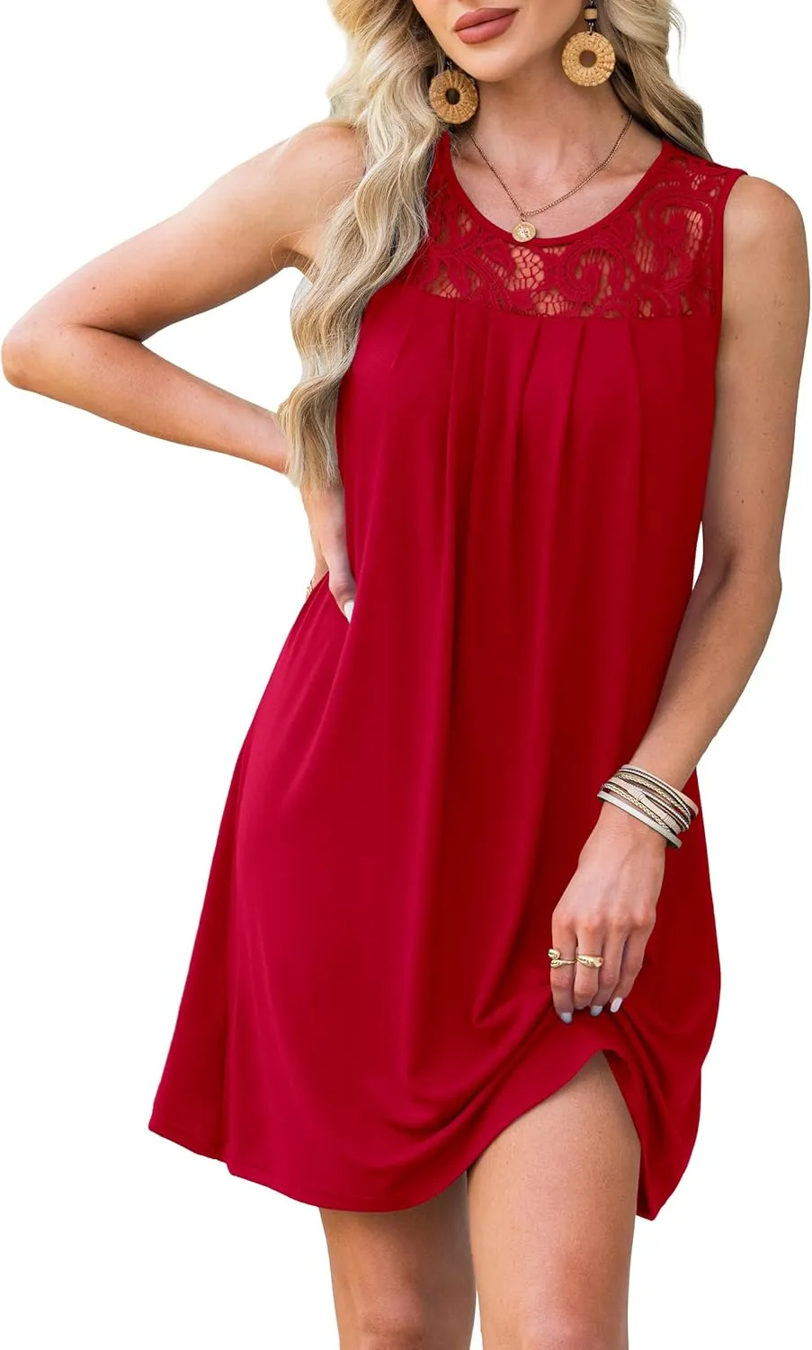 Summer Dresses for Women Sleeveless Lace Crewneck Sundress (S-3XL)