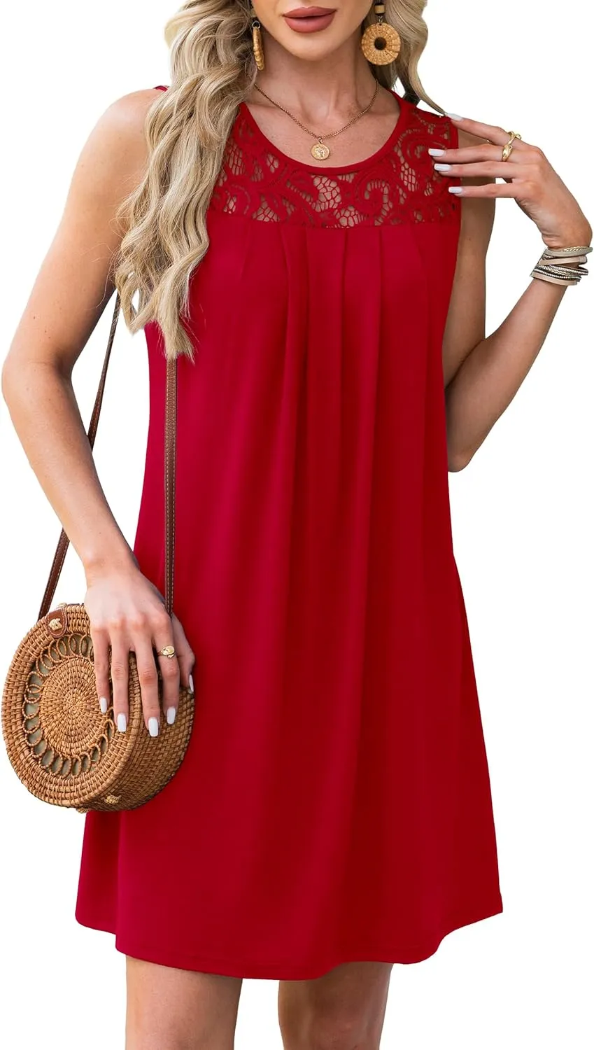 Summer Dresses for Women Sleeveless Lace Crewneck Sundress (S-3XL)