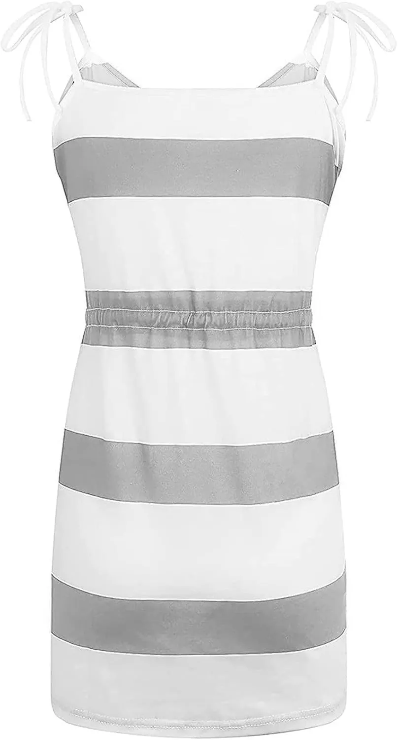 Summer Sundresses Halter Vacation Women Summer Casual Striped Dress Sleeveless Halter Strap Flowy Boho with Pockets