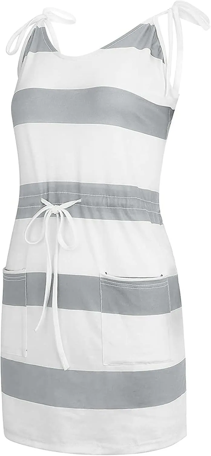 Summer Sundresses Halter Vacation Women Summer Casual Striped Dress Sleeveless Halter Strap Flowy Boho with Pockets