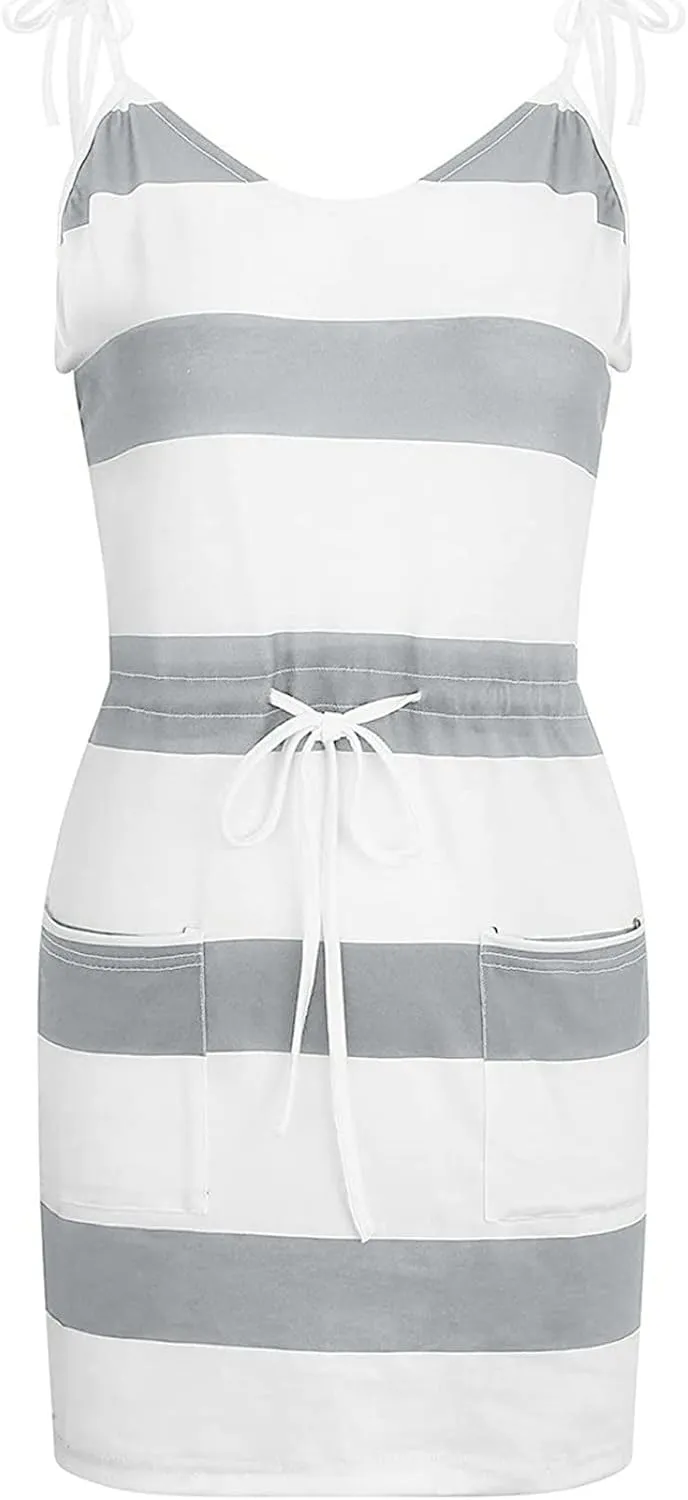 Summer Sundresses Halter Vacation Women Summer Casual Striped Dress Sleeveless Halter Strap Flowy Boho with Pockets