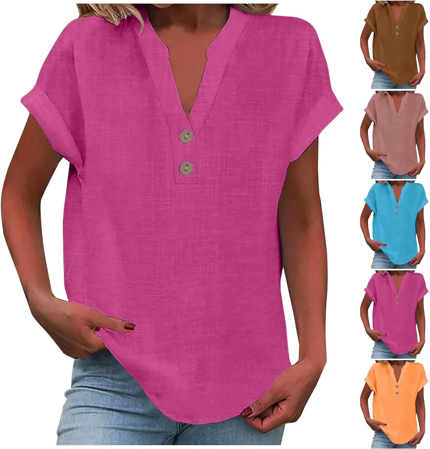 Summer Tops for Women 2025 Trendy Short Sleeve Cotton Linen Shirt Casual Button v Neck Tunic Blouses Outfits