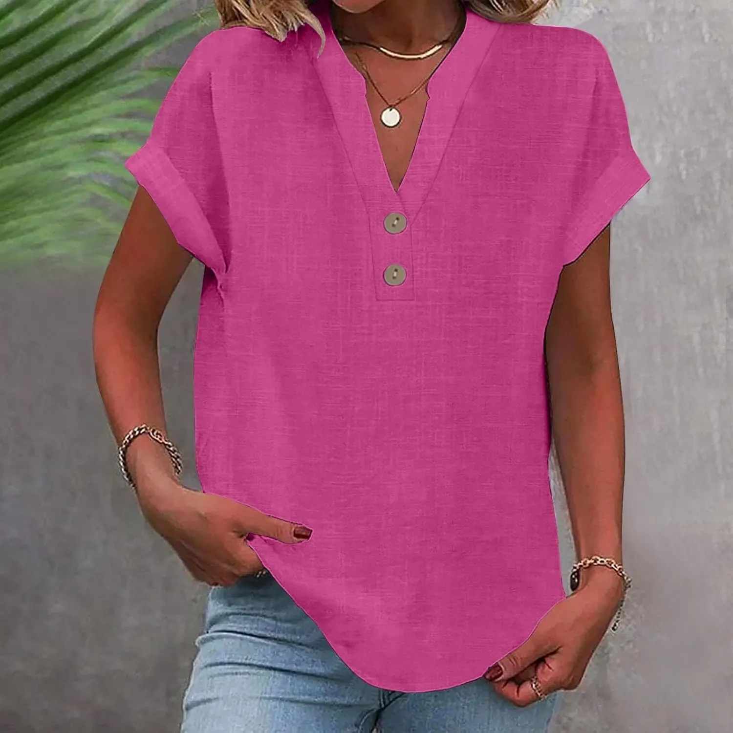 Summer Tops for Women 2025 Trendy Short Sleeve Cotton Linen Shirt Casual Button v Neck Tunic Blouses Outfits