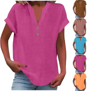 Summer Tops for Women 2025 Trendy Short Sleeve Cotton Linen Shirt Casual Button v Neck Tunic Blouses Outfits