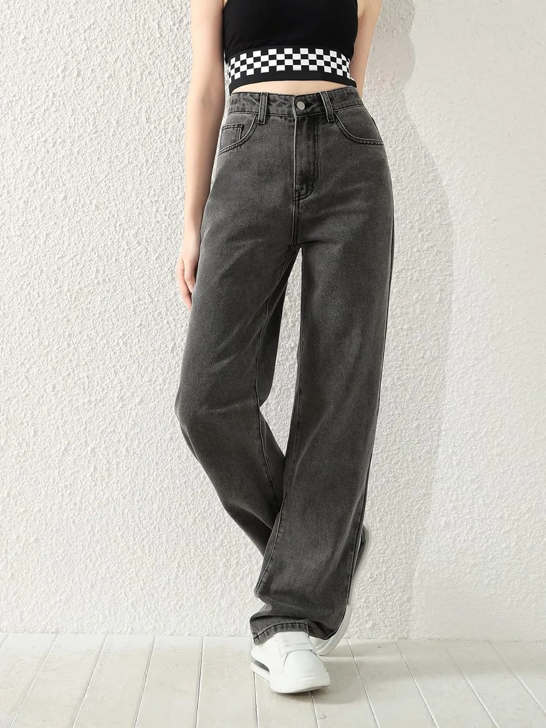 SweatyRocks Girl's High Waisted Solid Straight Leg Jeans Casual Loose Denim Pants